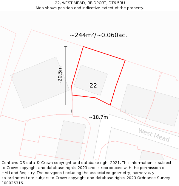 22, WEST MEAD, BRIDPORT, DT6 5RU: Plot and title map