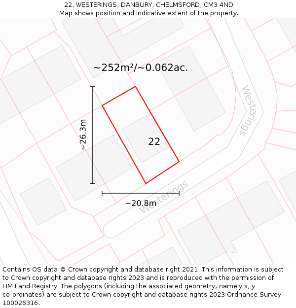 22, WESTERINGS, DANBURY, CHELMSFORD, CM3 4ND: Plot and title map