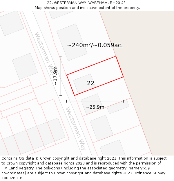22, WESTERMAN WAY, WAREHAM, BH20 4FL: Plot and title map