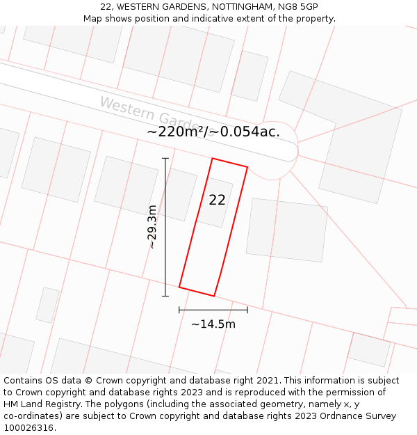 22, WESTERN GARDENS, NOTTINGHAM, NG8 5GP: Plot and title map
