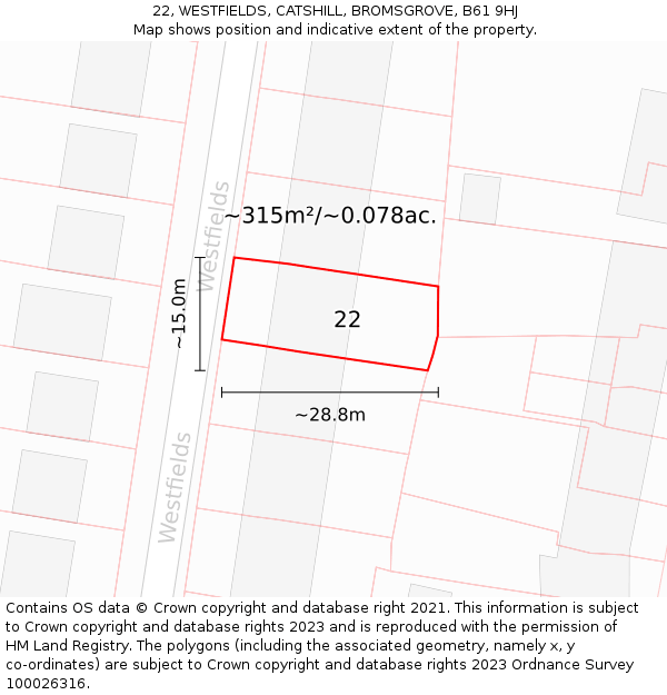 22, WESTFIELDS, CATSHILL, BROMSGROVE, B61 9HJ: Plot and title map