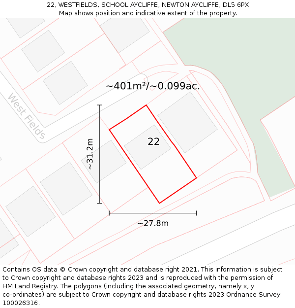 22, WESTFIELDS, SCHOOL AYCLIFFE, NEWTON AYCLIFFE, DL5 6PX: Plot and title map