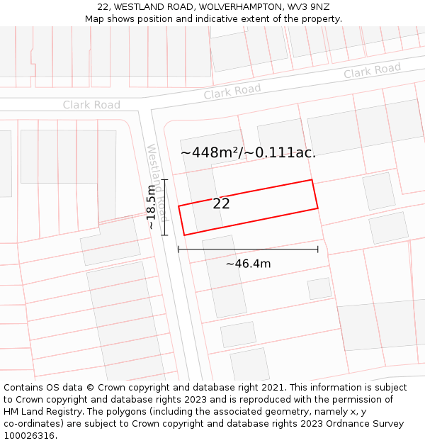 22, WESTLAND ROAD, WOLVERHAMPTON, WV3 9NZ: Plot and title map