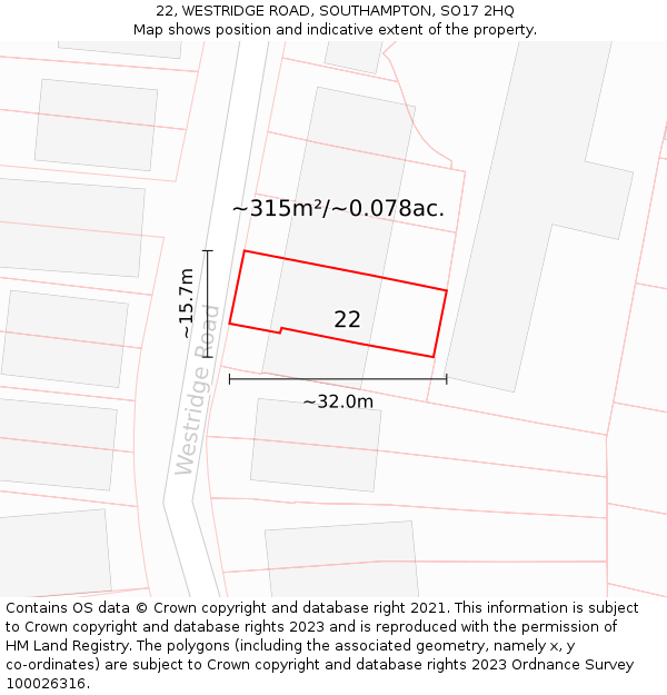22, WESTRIDGE ROAD, SOUTHAMPTON, SO17 2HQ: Plot and title map