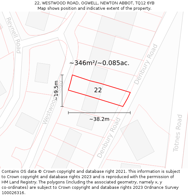22, WESTWOOD ROAD, OGWELL, NEWTON ABBOT, TQ12 6YB: Plot and title map