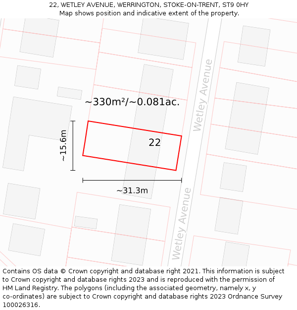 22, WETLEY AVENUE, WERRINGTON, STOKE-ON-TRENT, ST9 0HY: Plot and title map