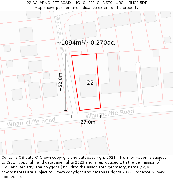 22, WHARNCLIFFE ROAD, HIGHCLIFFE, CHRISTCHURCH, BH23 5DE: Plot and title map