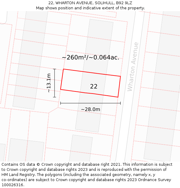 22, WHARTON AVENUE, SOLIHULL, B92 9LZ: Plot and title map
