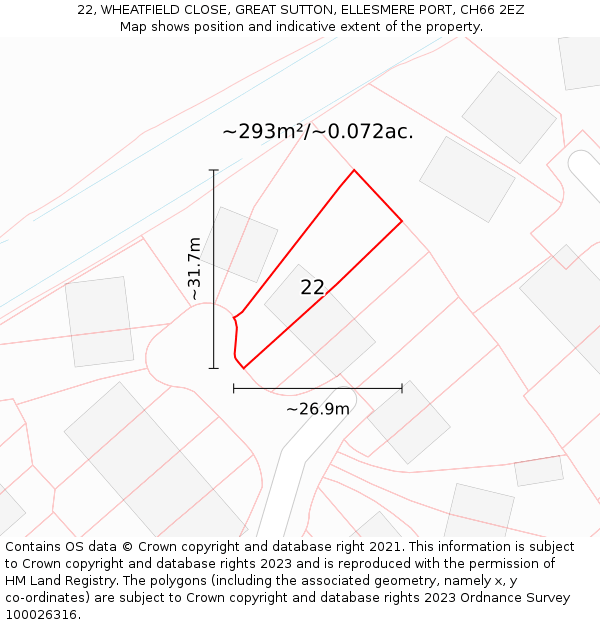 22, WHEATFIELD CLOSE, GREAT SUTTON, ELLESMERE PORT, CH66 2EZ: Plot and title map