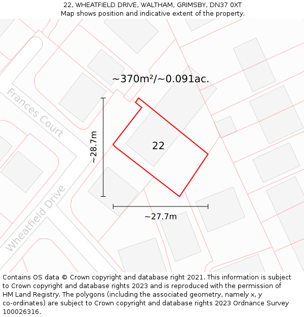 22, WHEATFIELD DRIVE, WALTHAM, GRIMSBY, DN37 0XT: Plot and title map