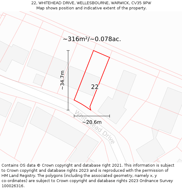 22, WHITEHEAD DRIVE, WELLESBOURNE, WARWICK, CV35 9PW: Plot and title map