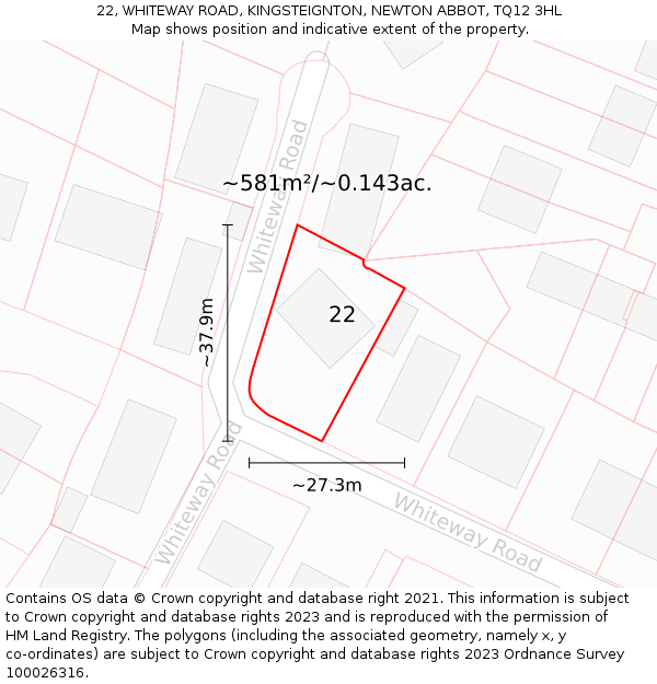 22, WHITEWAY ROAD, KINGSTEIGNTON, NEWTON ABBOT, TQ12 3HL: Plot and title map