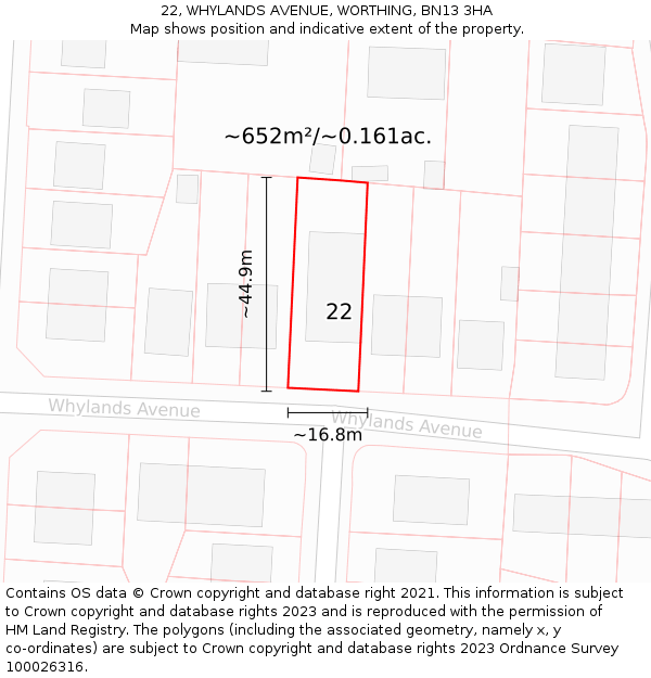 22, WHYLANDS AVENUE, WORTHING, BN13 3HA: Plot and title map