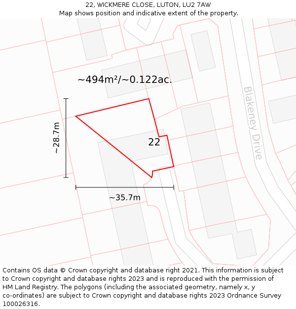 22, WICKMERE CLOSE, LUTON, LU2 7AW: Plot and title map