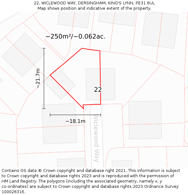 22, WICLEWOOD WAY, DERSINGHAM, KING'S LYNN, PE31 6UL: Plot and title map