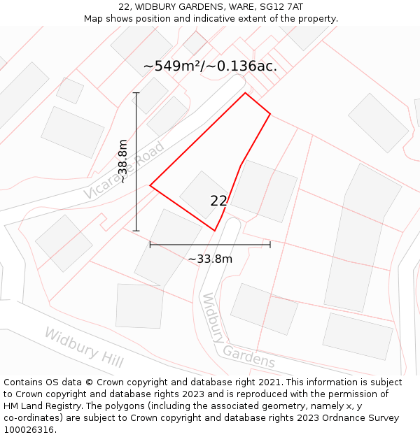 22, WIDBURY GARDENS, WARE, SG12 7AT: Plot and title map