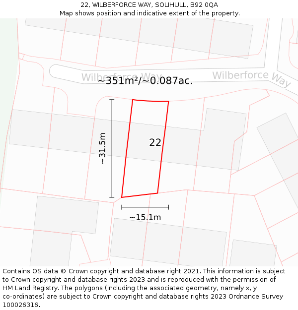 22, WILBERFORCE WAY, SOLIHULL, B92 0QA: Plot and title map