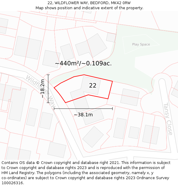 22, WILDFLOWER WAY, BEDFORD, MK42 0RW: Plot and title map