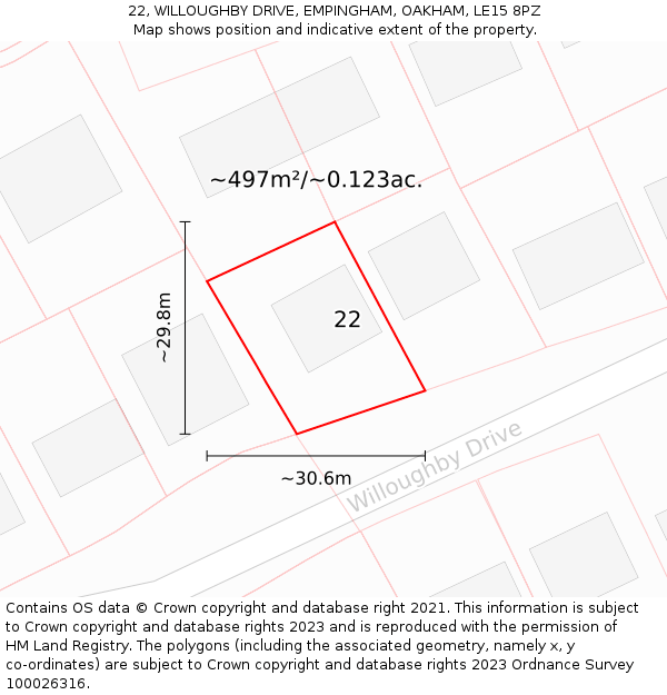 22, WILLOUGHBY DRIVE, EMPINGHAM, OAKHAM, LE15 8PZ: Plot and title map