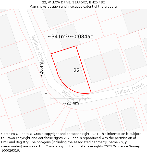22, WILLOW DRIVE, SEAFORD, BN25 4BZ: Plot and title map