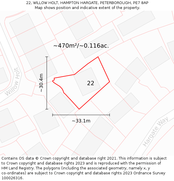 22, WILLOW HOLT, HAMPTON HARGATE, PETERBOROUGH, PE7 8AP: Plot and title map