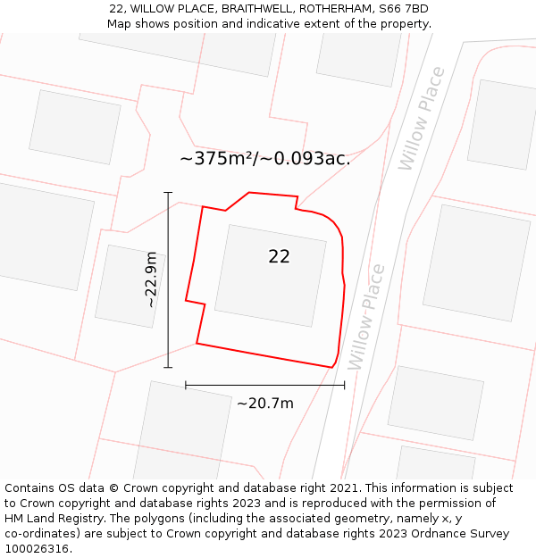 22, WILLOW PLACE, BRAITHWELL, ROTHERHAM, S66 7BD: Plot and title map
