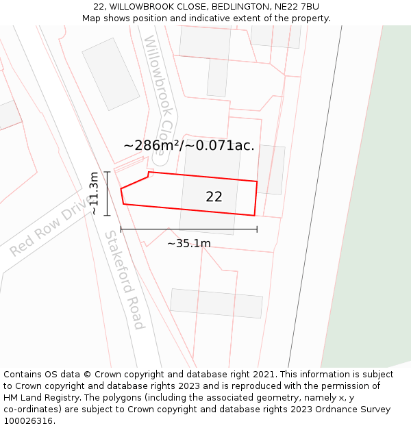 22, WILLOWBROOK CLOSE, BEDLINGTON, NE22 7BU: Plot and title map