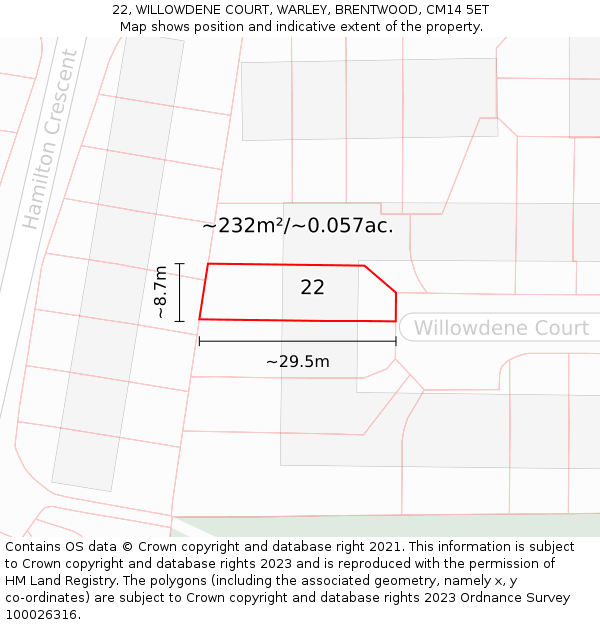 22, WILLOWDENE COURT, WARLEY, BRENTWOOD, CM14 5ET: Plot and title map