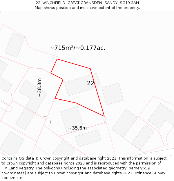 22, WINCHFIELD, GREAT GRANSDEN, SANDY, SG19 3AN: Plot and title map