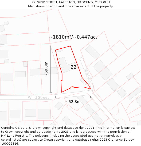 22, WIND STREET, LALESTON, BRIDGEND, CF32 0HU: Plot and title map