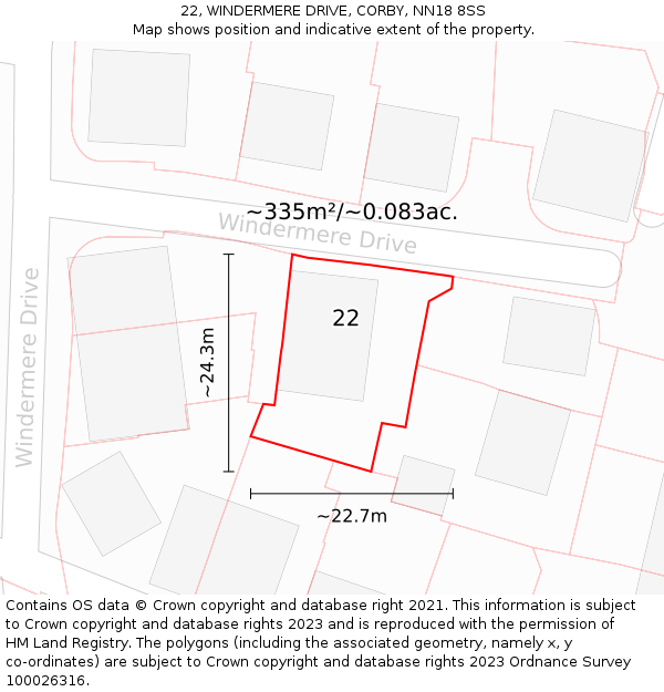 22, WINDERMERE DRIVE, CORBY, NN18 8SS: Plot and title map