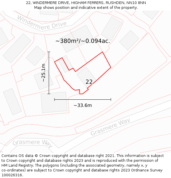 22, WINDERMERE DRIVE, HIGHAM FERRERS, RUSHDEN, NN10 8NN: Plot and title map