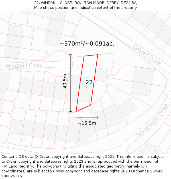 22, WINDMILL CLOSE, BOULTON MOOR, DERBY, DE24 5AJ: Plot and title map