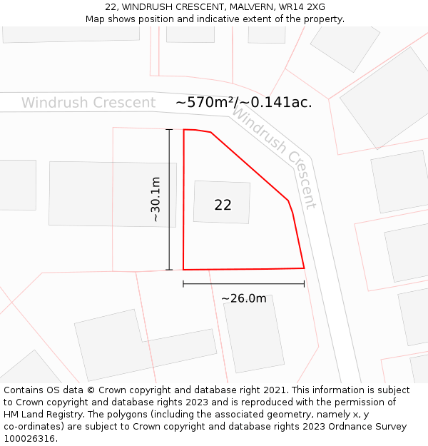 22, WINDRUSH CRESCENT, MALVERN, WR14 2XG: Plot and title map