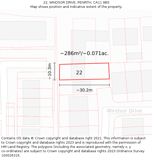 22, WINDSOR DRIVE, PENRITH, CA11 9BS: Plot and title map