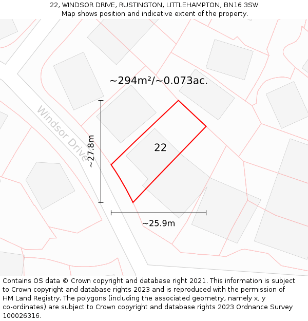 22, WINDSOR DRIVE, RUSTINGTON, LITTLEHAMPTON, BN16 3SW: Plot and title map