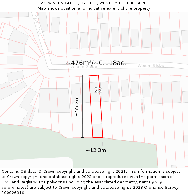 22, WINERN GLEBE, BYFLEET, WEST BYFLEET, KT14 7LT: Plot and title map