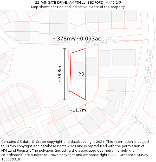 22, WINGATE DRIVE, AMPTHILL, BEDFORD, MK45 2XF: Plot and title map