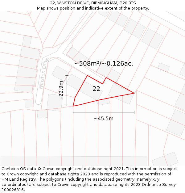 22, WINSTON DRIVE, BIRMINGHAM, B20 3TS: Plot and title map