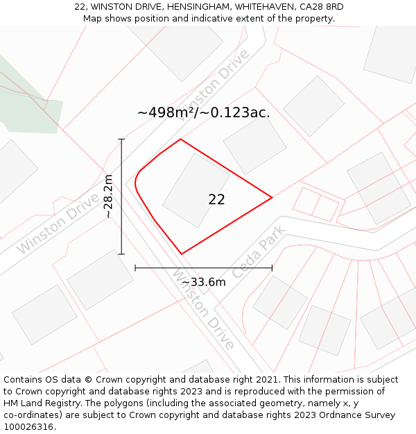 22, WINSTON DRIVE, HENSINGHAM, WHITEHAVEN, CA28 8RD: Plot and title map