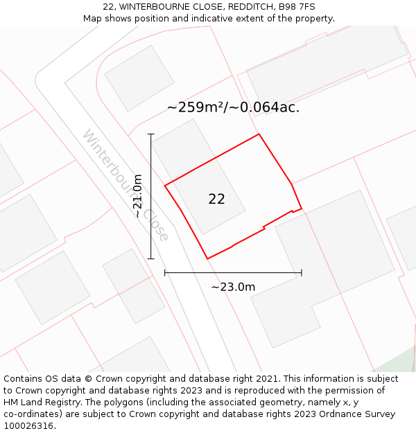 22, WINTERBOURNE CLOSE, REDDITCH, B98 7FS: Plot and title map