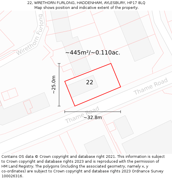 22, WIRETHORN FURLONG, HADDENHAM, AYLESBURY, HP17 8LQ: Plot and title map