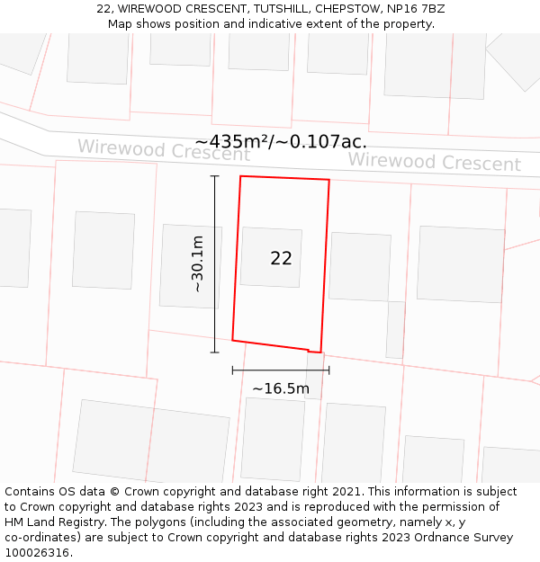 22, WIREWOOD CRESCENT, TUTSHILL, CHEPSTOW, NP16 7BZ: Plot and title map