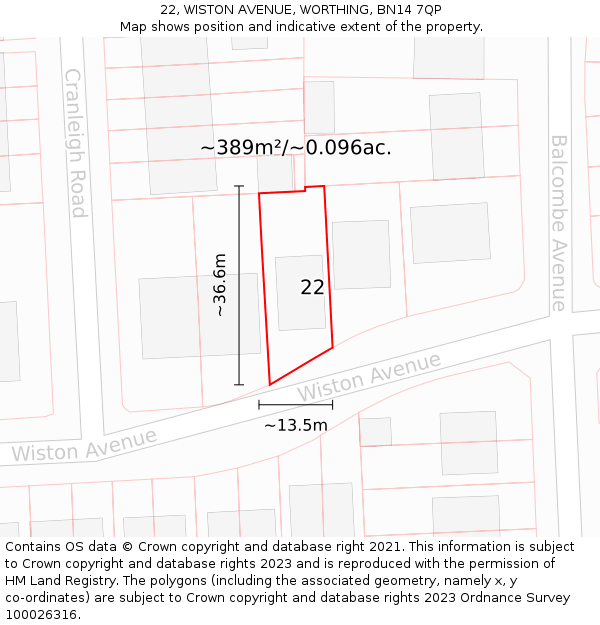 22, WISTON AVENUE, WORTHING, BN14 7QP: Plot and title map