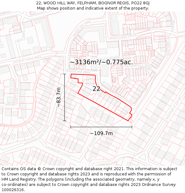 22, WOOD HILL WAY, FELPHAM, BOGNOR REGIS, PO22 8GJ: Plot and title map