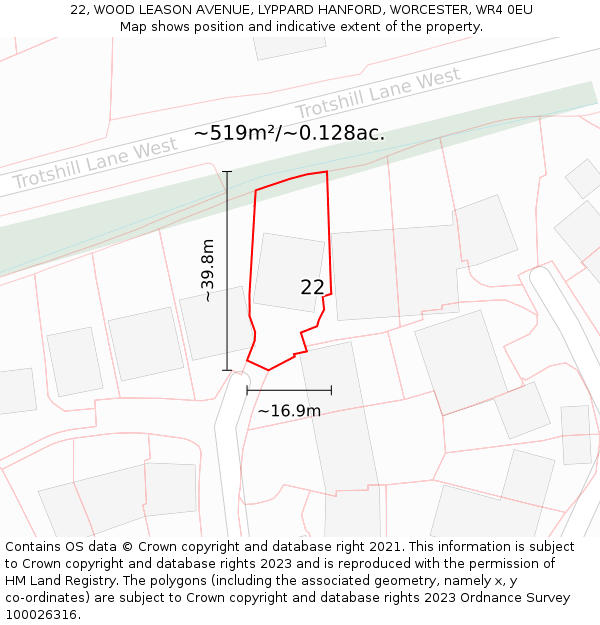 22, WOOD LEASON AVENUE, LYPPARD HANFORD, WORCESTER, WR4 0EU: Plot and title map