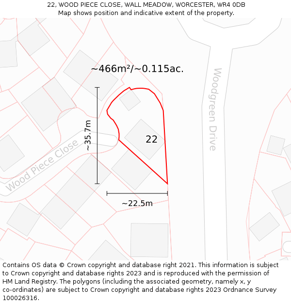 22, WOOD PIECE CLOSE, WALL MEADOW, WORCESTER, WR4 0DB: Plot and title map