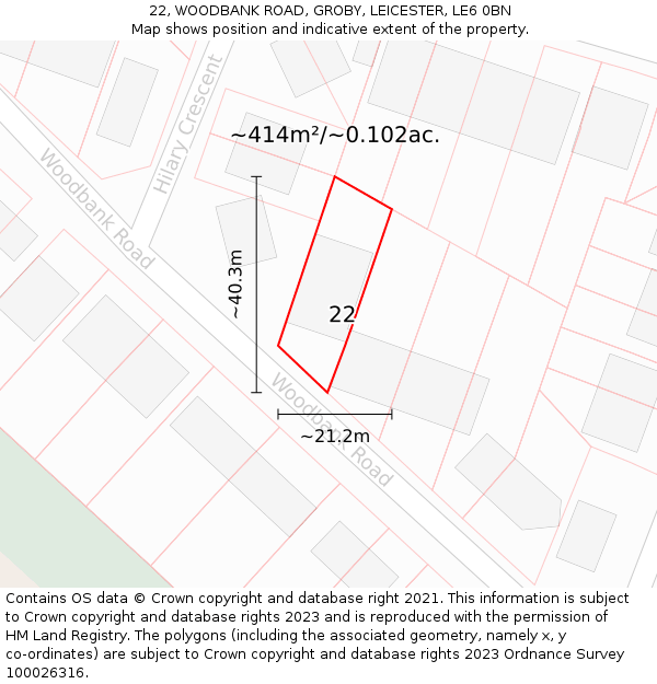 22, WOODBANK ROAD, GROBY, LEICESTER, LE6 0BN: Plot and title map