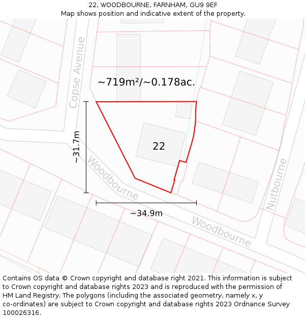 22, WOODBOURNE, FARNHAM, GU9 9EF: Plot and title map