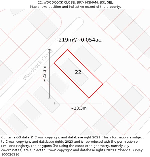 22, WOODCOCK CLOSE, BIRMINGHAM, B31 5EL: Plot and title map